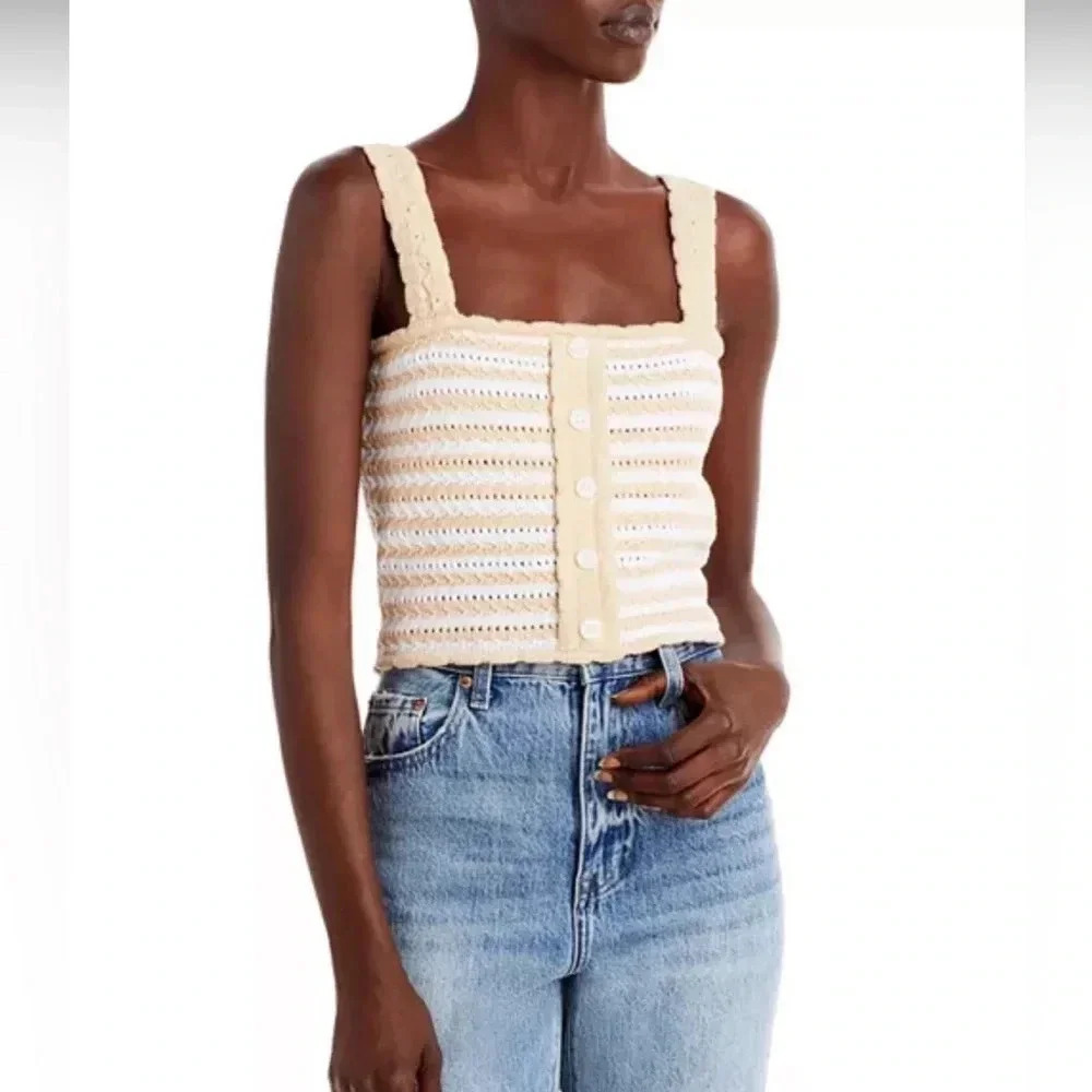 AQUA Striped Crochet Cropped Tank Top Tan/White Square Neck Sleeveless Size Larg